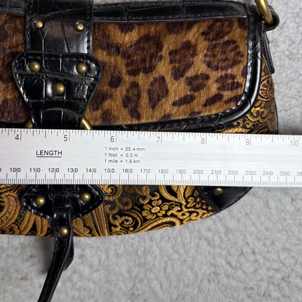 Y2K Leopard Fur Paisley Baguette Bag Gothic Boho Shoulder Purse Brass Hardware - Picture 4 of 10